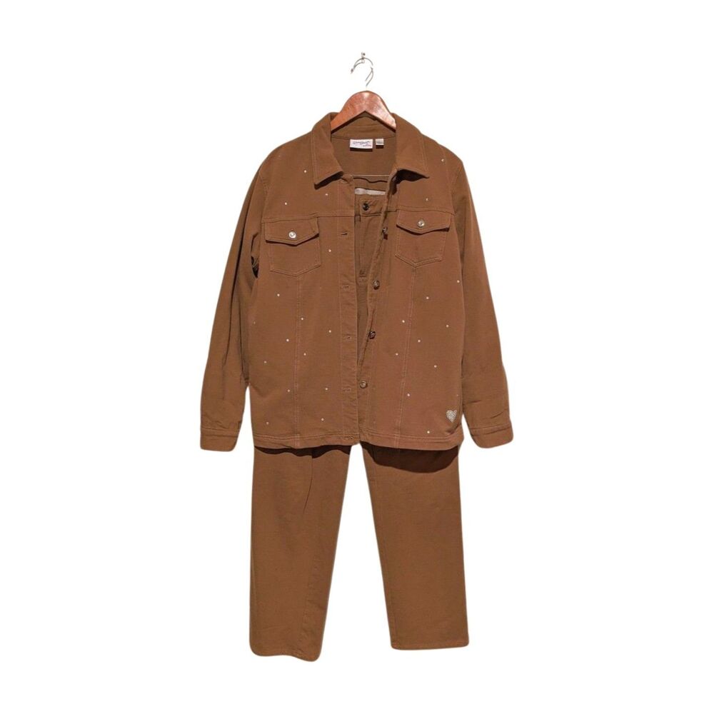 Dream Jeannes Quaker Factory L 14 Set Jacket Pants Brown Soft Knit Rhinestones